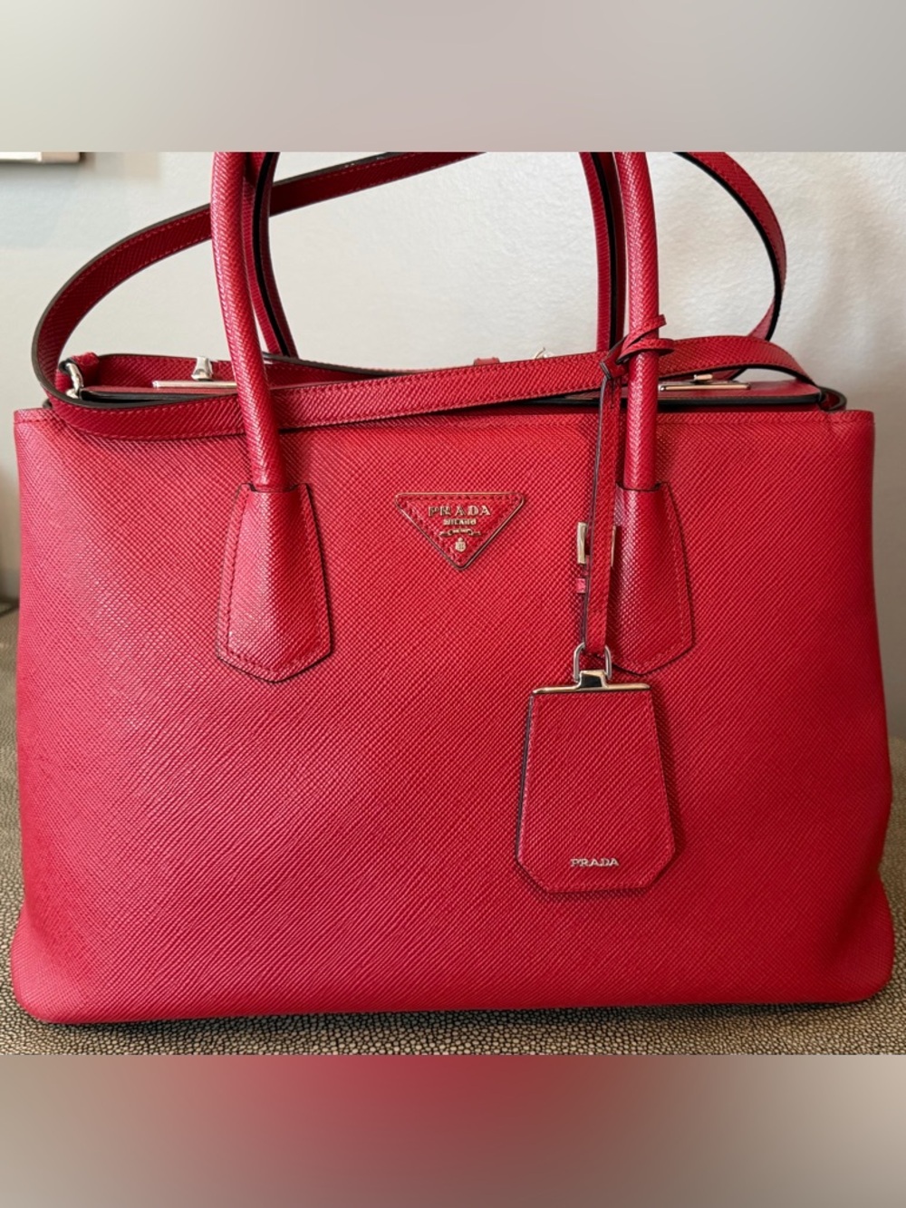 Prada Red Saffiano Leather Tote with Top Handles and Shoulder Strap